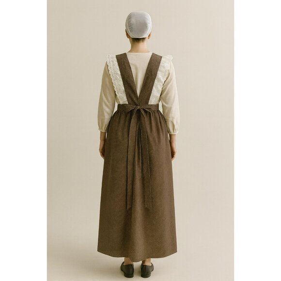 Vintage Brown Polka Dot Pinafore Apron Dress  w/ Eyelet Ruffle Sleeves & Tie Wai - Picture 4 of 8